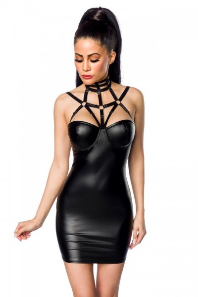 Harness-Minikleid in schwarzem Wetlook